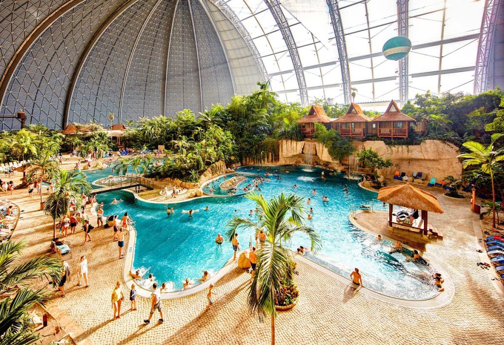 indoor tropical water park at a family holiday park in Germany with pools, slides and kids activities