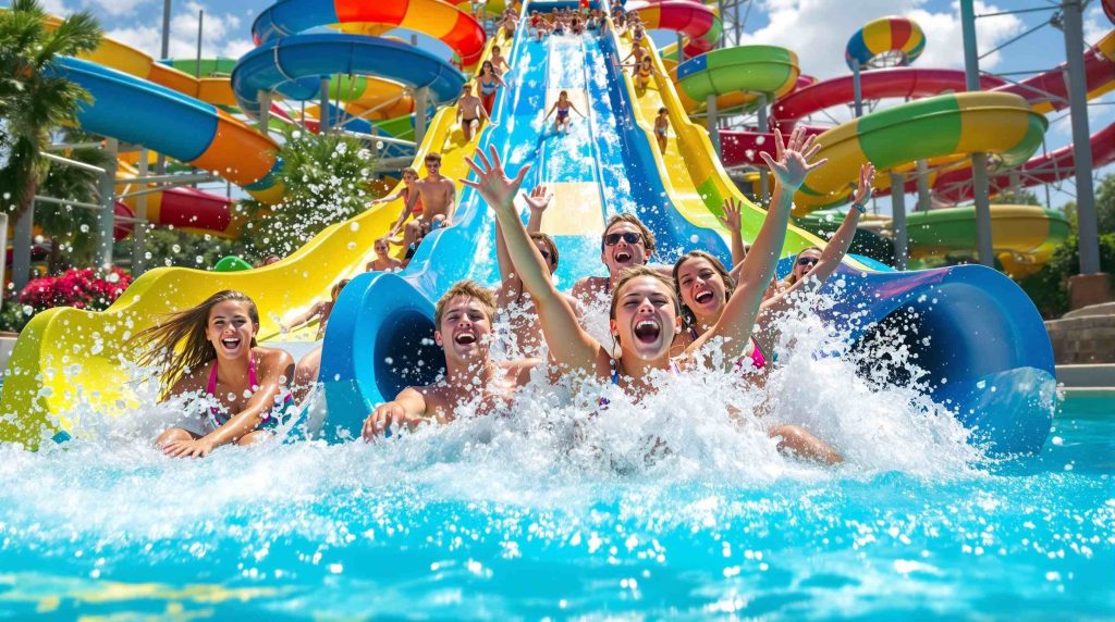 Bright family holiday park in Germany with colorful water slides and kids pool